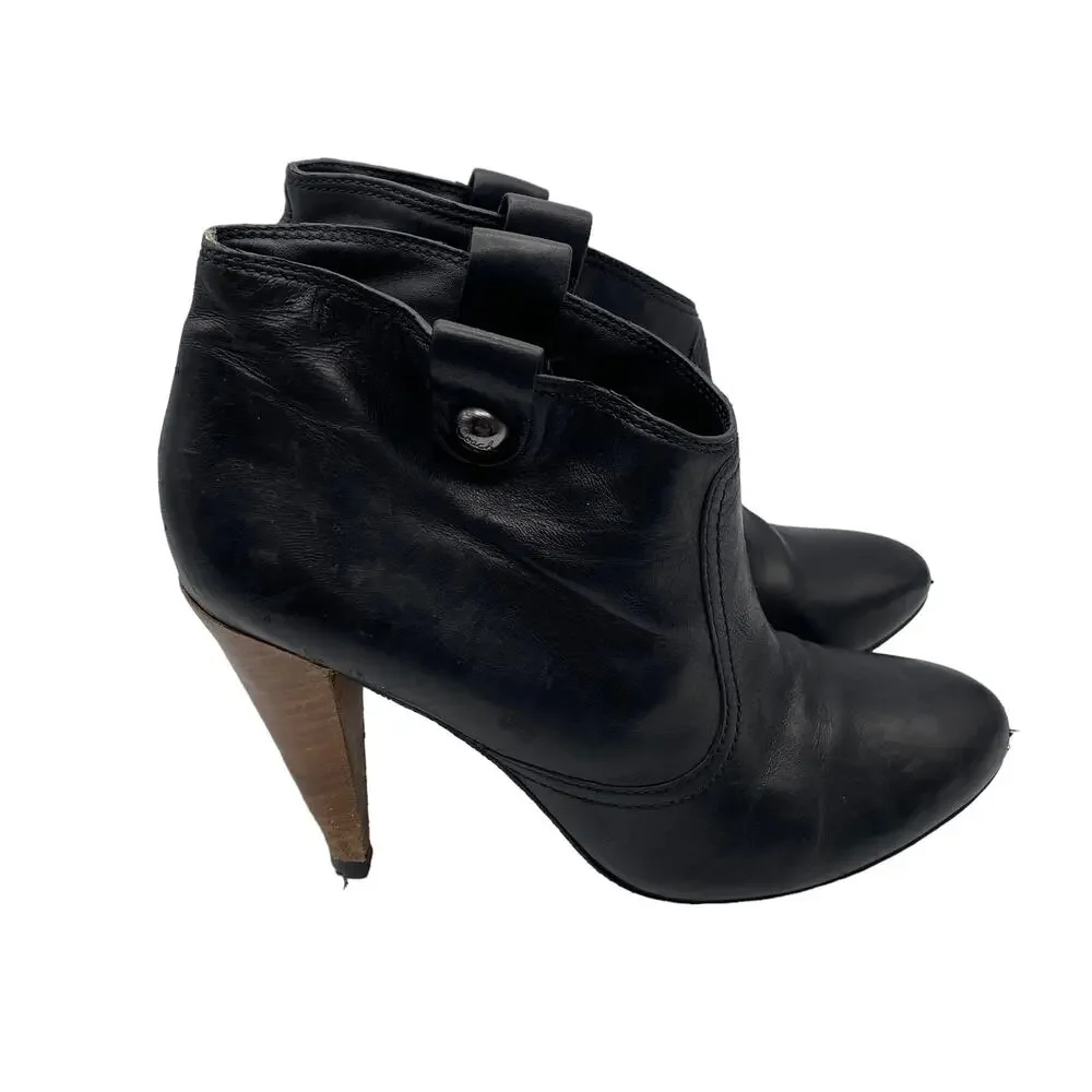 COACH Aliza Black Leather Almond Toe Stacked Cone Heel Ankle Boots Booties 7B